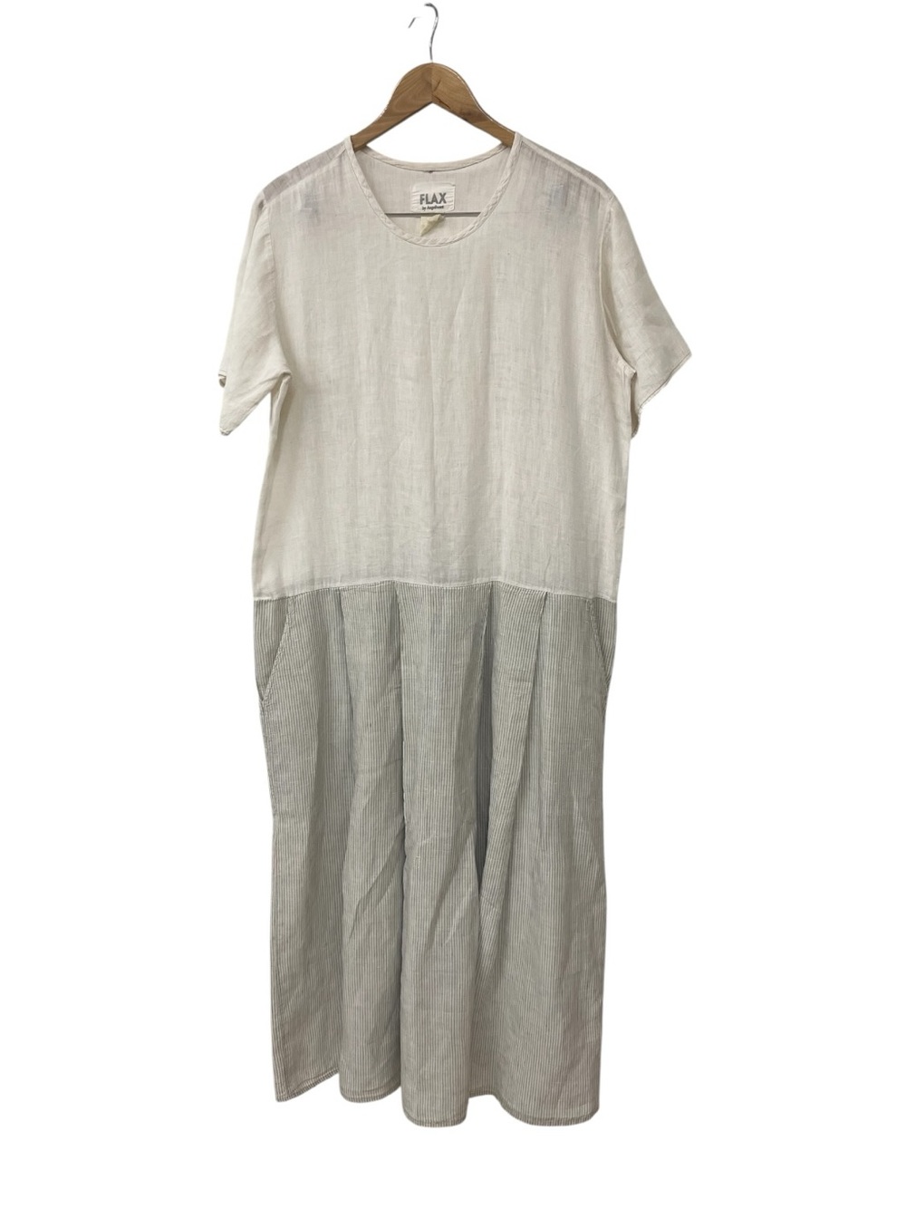 Vintage FLAX Jeanne Engelhart Flax White Grey Stripe Linen Lagenlook Pocket L XL